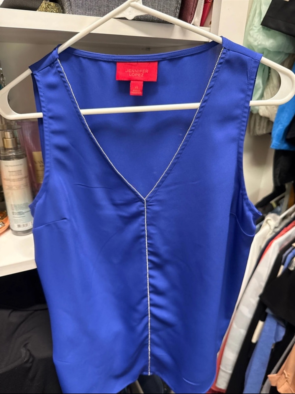 Jennifer Lopez Cobalt Blue V-Neck Top with Silver Stitching